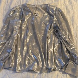 JODIFL Metallic Silver V-Neck Blouse- new with tags